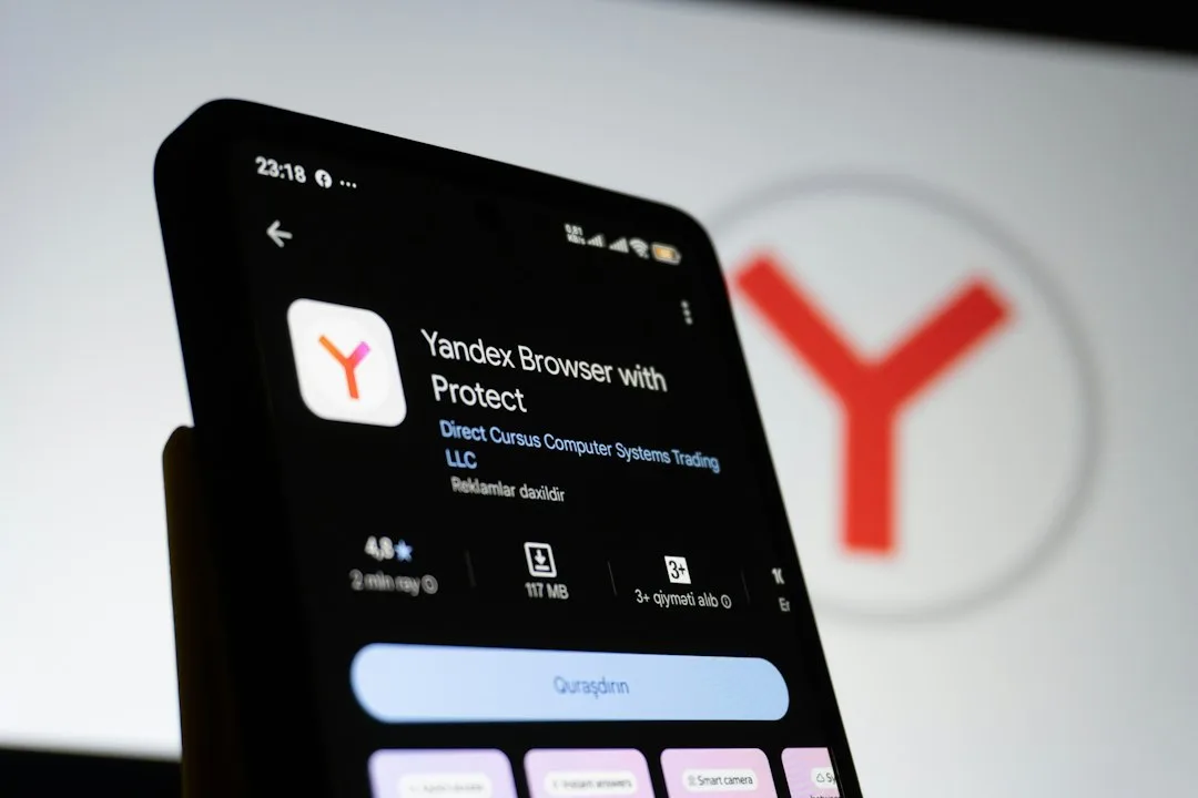 Smartphone displaying yandex browser app information